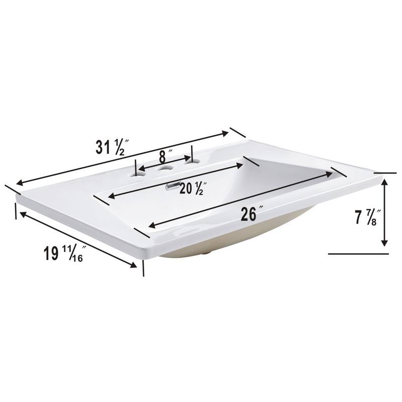 31.5" Lydia White Rectangular Drop In Bathroom Sink with Overflow and 8" Widespread Faucet Holes
