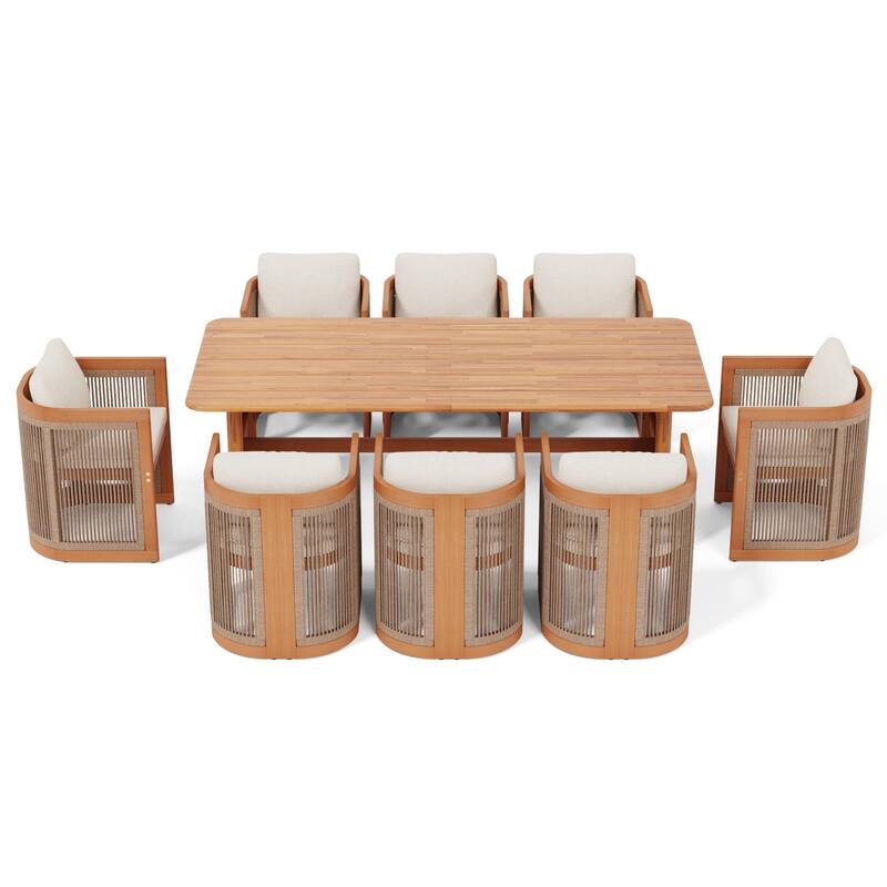 Outdoor 9-piece Solid Wood Dining Table And Chair Set With Cushions