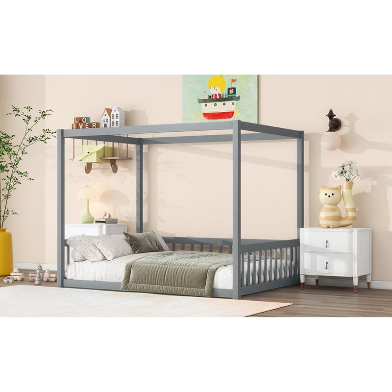 Roomfitters Full Canopy Floor Bed Frame with Rubber Wood Structure, Safety Guardrails, Low Profile Platform Design