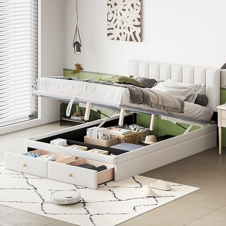 Full Size Lift Up Storage Bed, PU Upholstered Platform Bed Frame with ...