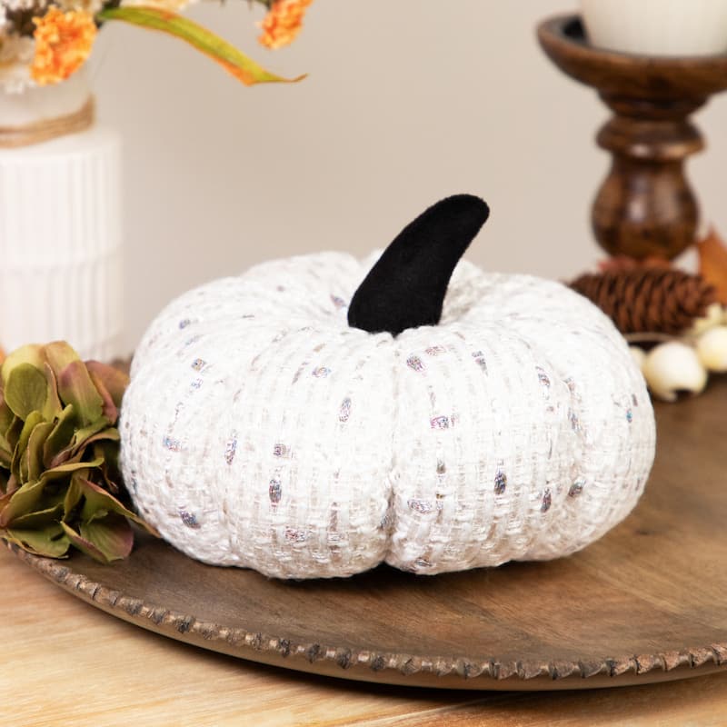 Windowpane Knitted Fall Harvest Pumpkin with Iridescent Thread - 7" - White