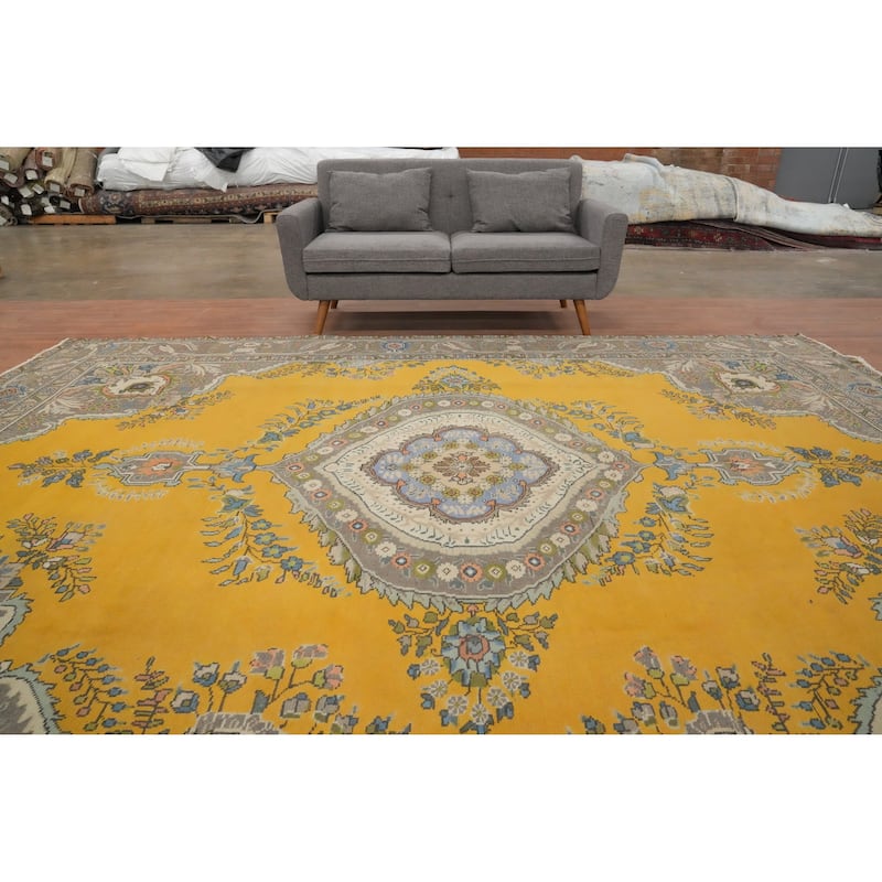 Hand Knotted Oriental 100% Wool Carpet Traditional Floral Yellow & Gold Tabriz Area Rug - 12' 6'' X 9' 6''