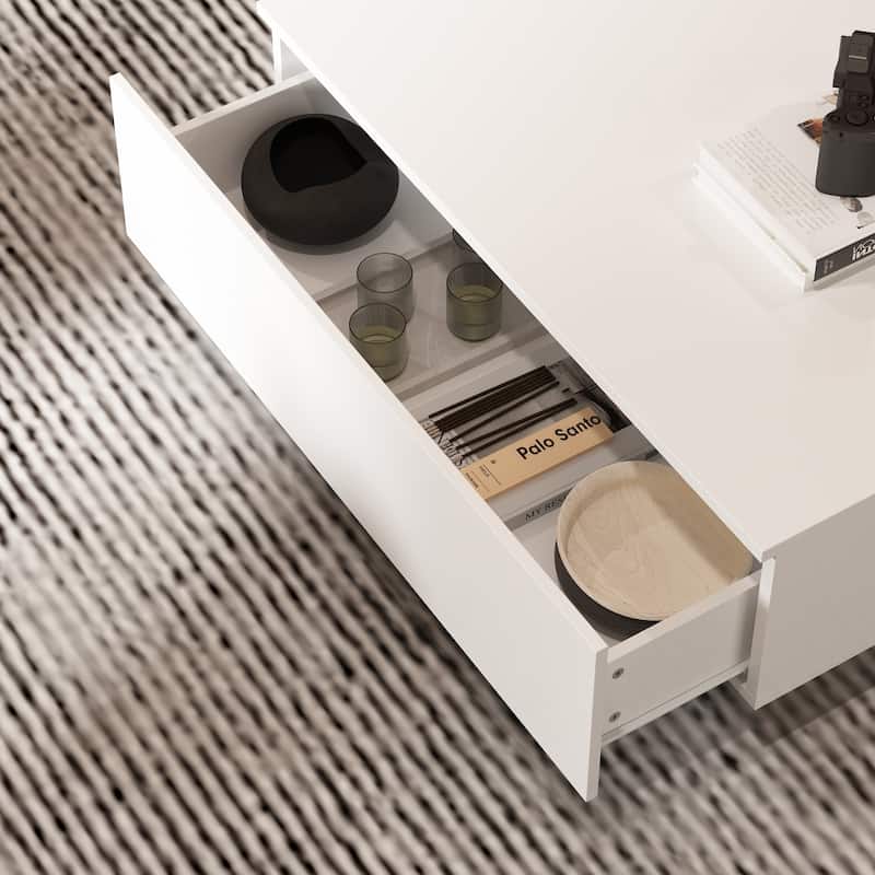 Storage Masterpiece Contemporary White Coffee Table Colorful LED Edge - 55.1"W