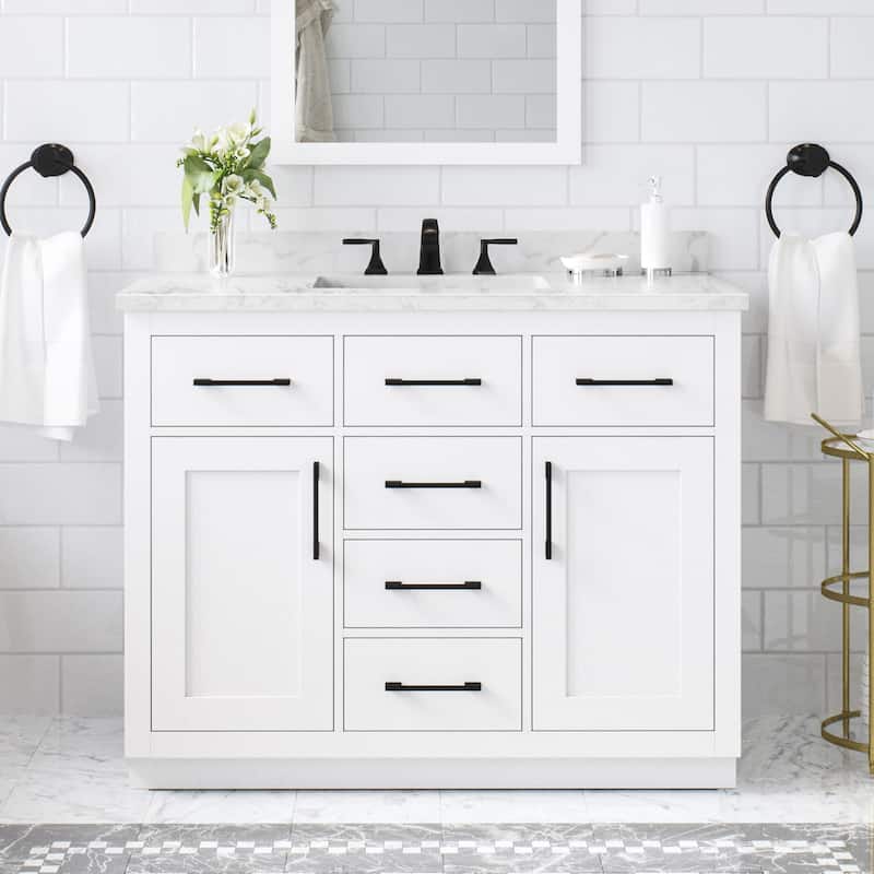 Athea Bathroom Vanity with White Engineered Marble Top - 42" - White with Matte Black Hardware