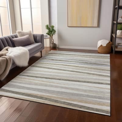 Machine Washable Indoor/ Outdoor Modern Stripes Chantille Rug