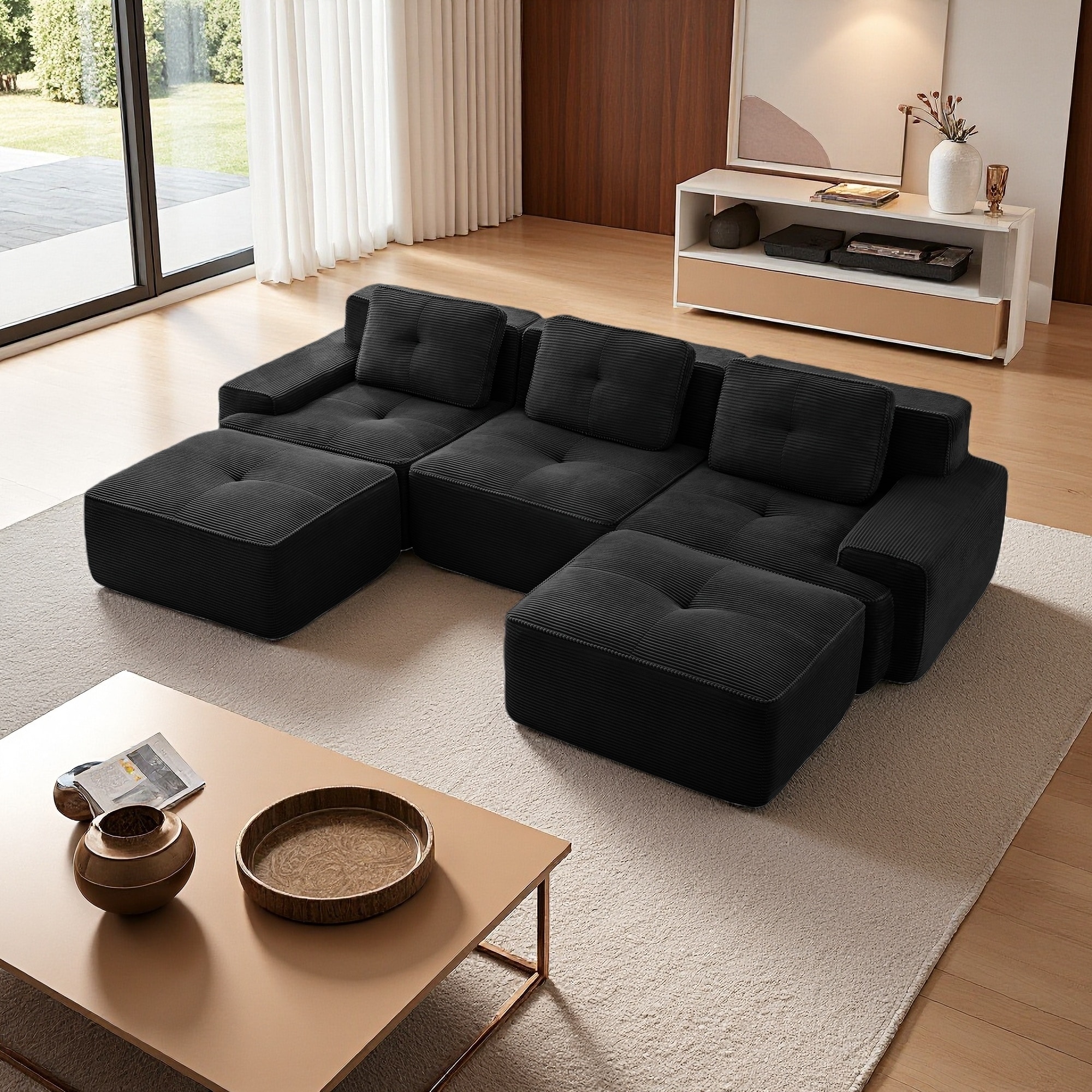 117.3" Corduroy U-Shaped Modular Sectional Sofa with Deep Seat, Ottoman, Tufted