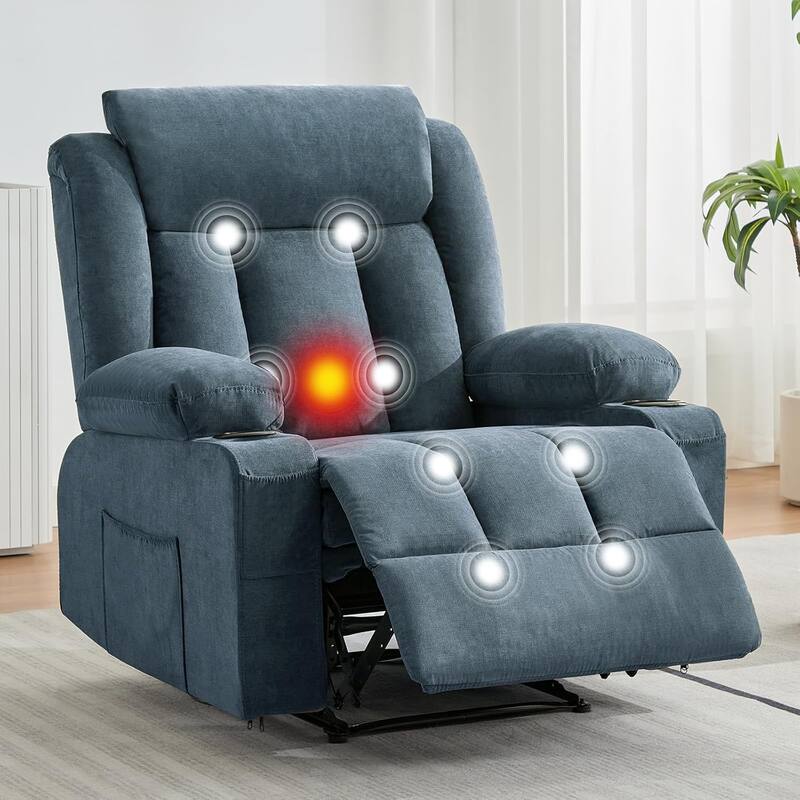 Oversized Manual Recliner Chair with Vibration Massage and Heat, Classic Overstuffed Deep Seat Sofa - Blue