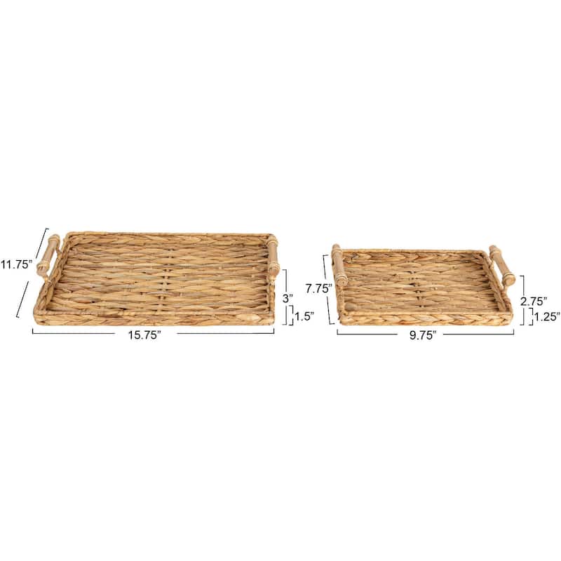 Household Essentials Handwoven Water Hyacinth Tray Set with Wood Handles, Set of 2