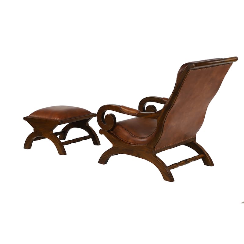Leather Handmade Accent Chair with Ottoman with Scrolled Wood Arms and Arched Legs - Brown or Black - Roche River Decor