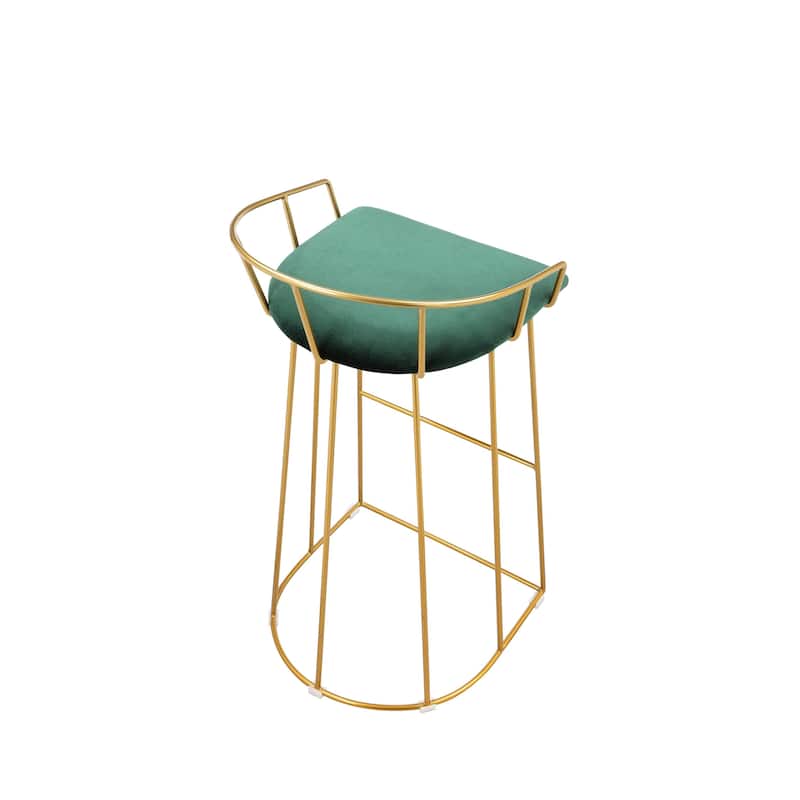 Cato 31 Inch Barstool Chair, Foam, Green Velvet, Gold Steel Open Frame