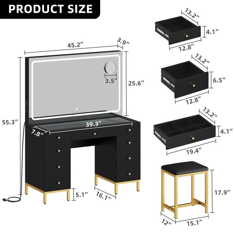 Moasis 9-Drawer Makeup Vanity Set with Stool and Mirror, Glass Top Vanity Desk with LED Lights