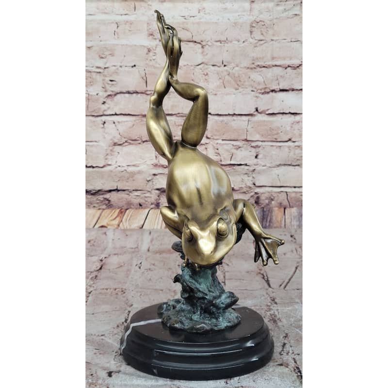 Hot Cast Bronze Leaping Frog W/ Gold Patina On Marble Base - Original Art By Milo