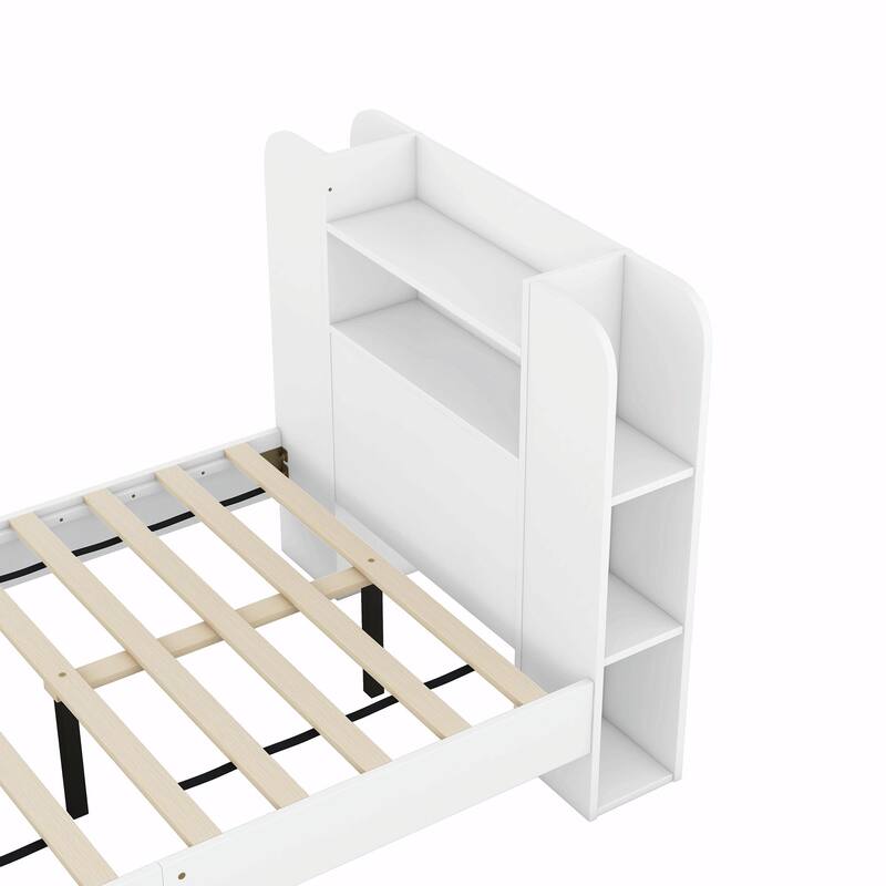 Platform Bed with Storage Headboard, Multiple Shelves on Both Sides