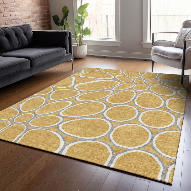 Machine Washable Indoor/ Outdoor Modern Bubbles Chantille Rug - Gold - 8' x 10'