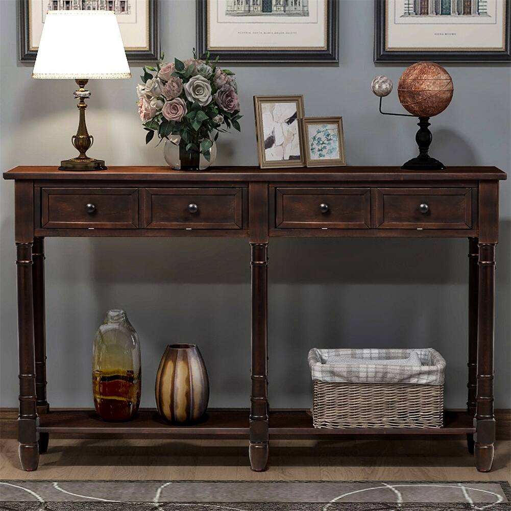 Solid Wooden Console Sofa Table, With 2 Drawers, Bottom Storage Shelves, Easy Assembly, Farmhouse Console Sofa Table