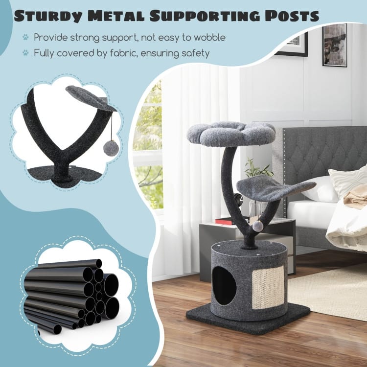 Cat Tree for Indoor Cats with Curved Metal Supporting Frame for Large & Small Cats-Grey - 17.5" x 17.5" x 35"