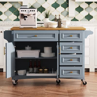 Kitchen Island on Wheels with Spice Rack, Towel Rack, 2 Doors and 5 Drawers, Kitchen Storage Cart with Adjustable Shelf
