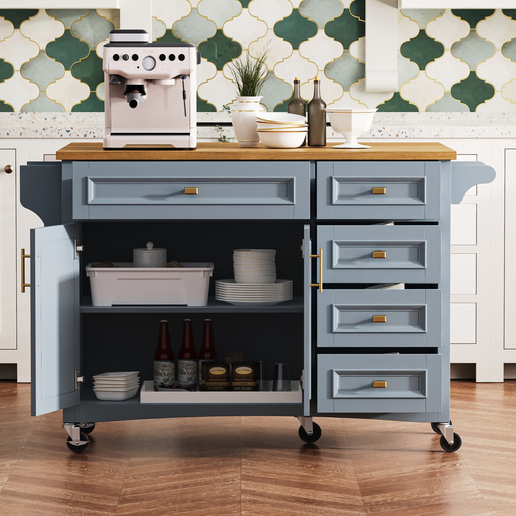 Kitchen Island on Wheels with Spice Rack, Towel Rack, 2 Doors and 5 Drawers, Kitchen Storage Cart with Adjustable Shelf