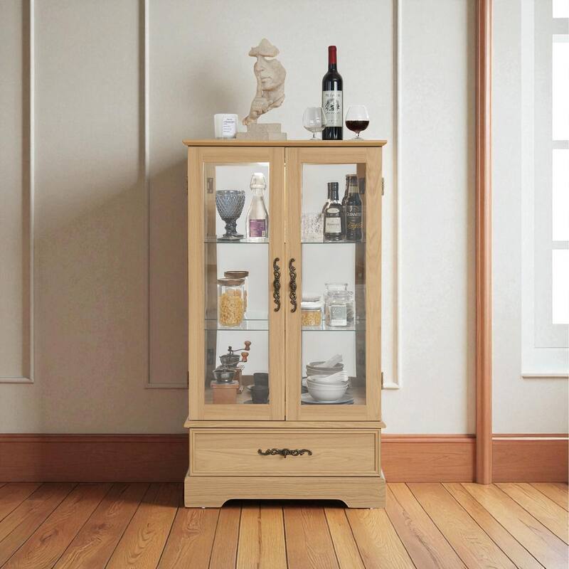 Lighted Glass Curio Cabinet with 2 Doors, Adjustable Shelves, Mirrored Back & Large Drawer, Retro Display Cabinet with Bulb - Oak