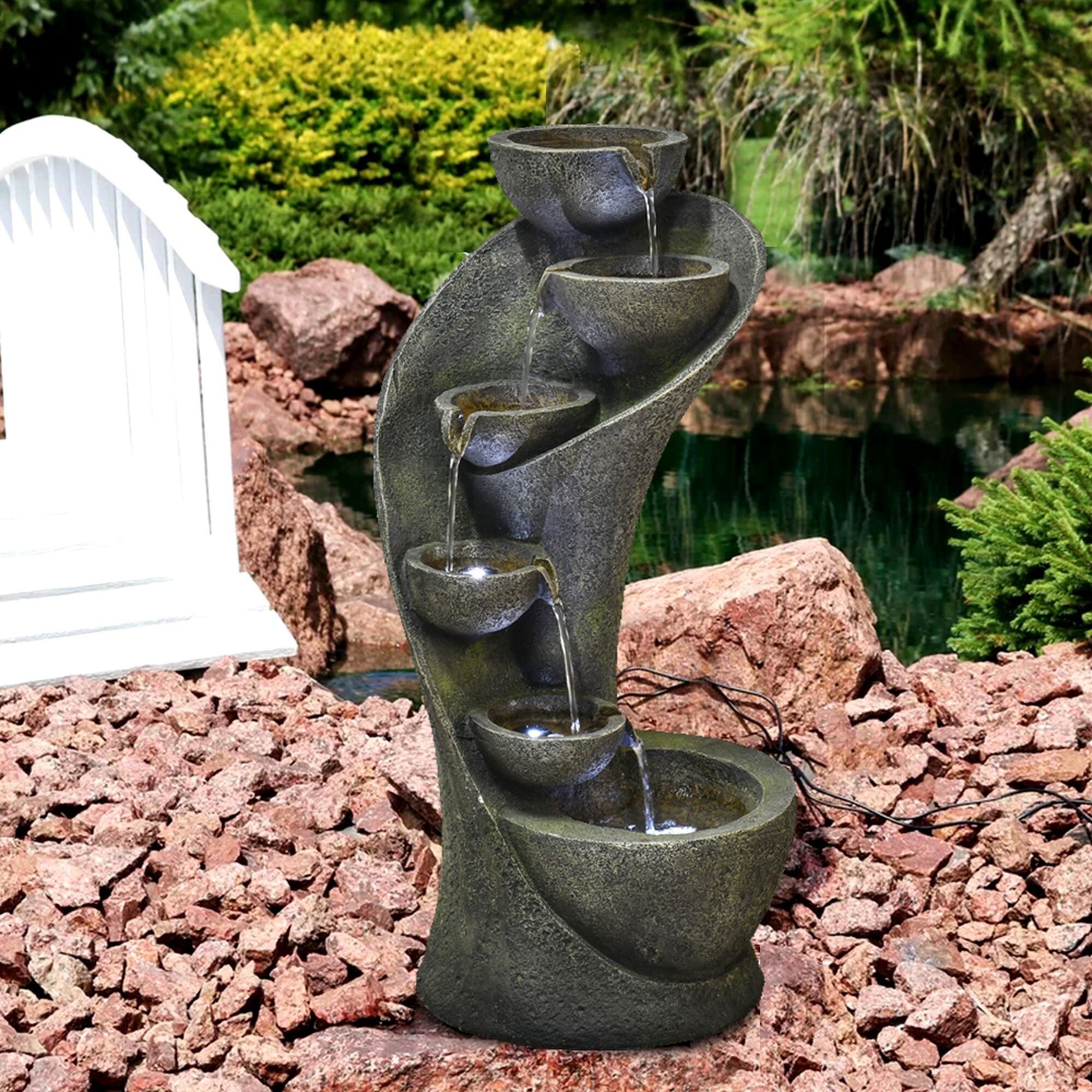23.6'' 6 Tier Curved Water Fountain with Lights Outdoor - Bed Bath