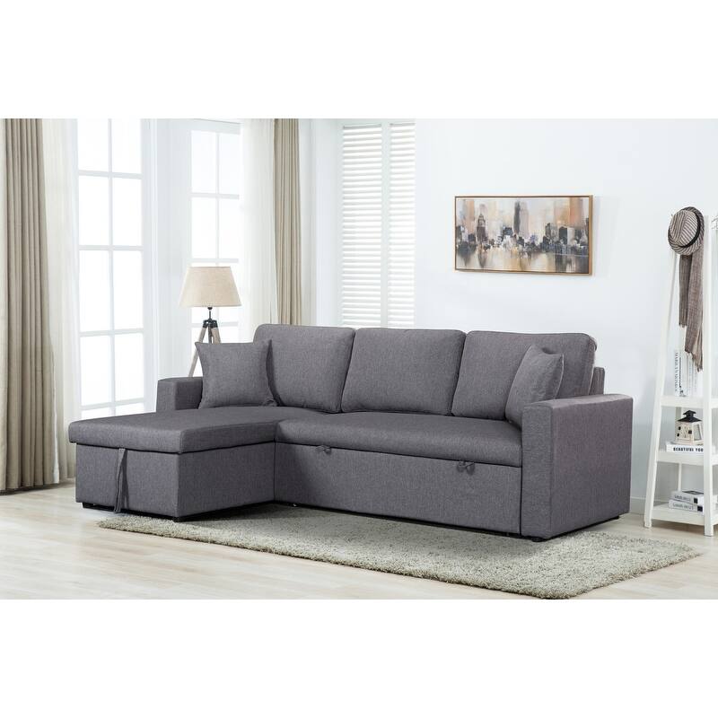 Paisley Linen Fabric Reversible Sleeper Sectional Sofa with Storage Chaise