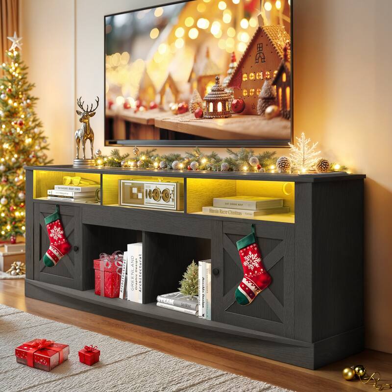 Moasis 70" Farmhouse TV Stand with Lights - 70"L x 13.3"W x 26.7"H - Black