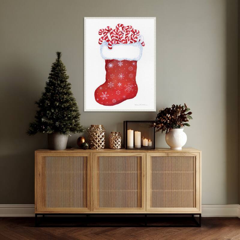 Candy Cane Stocking by Kathleen Parr McKenna (23 x 30 in.), Framed Canvas Wall Art Print - Sylvie Beaded White