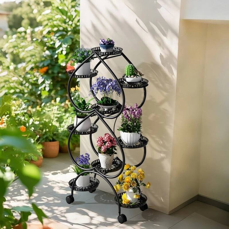 Iron Metal Plant Stand 9-Potted Flower Holder with Wheels Display Rack - 28.7x11.8x48.8 inch
