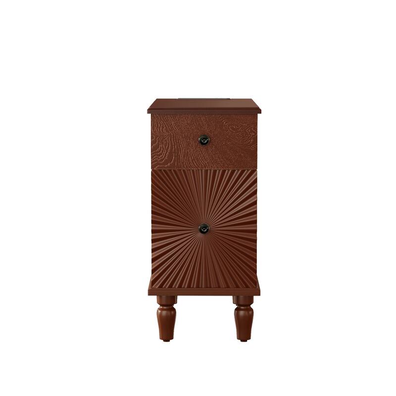 Mid-Century Modern Slim Side Table Walnut Nightstand with Charging Station and 2 Drawers for Bedroom Living Room