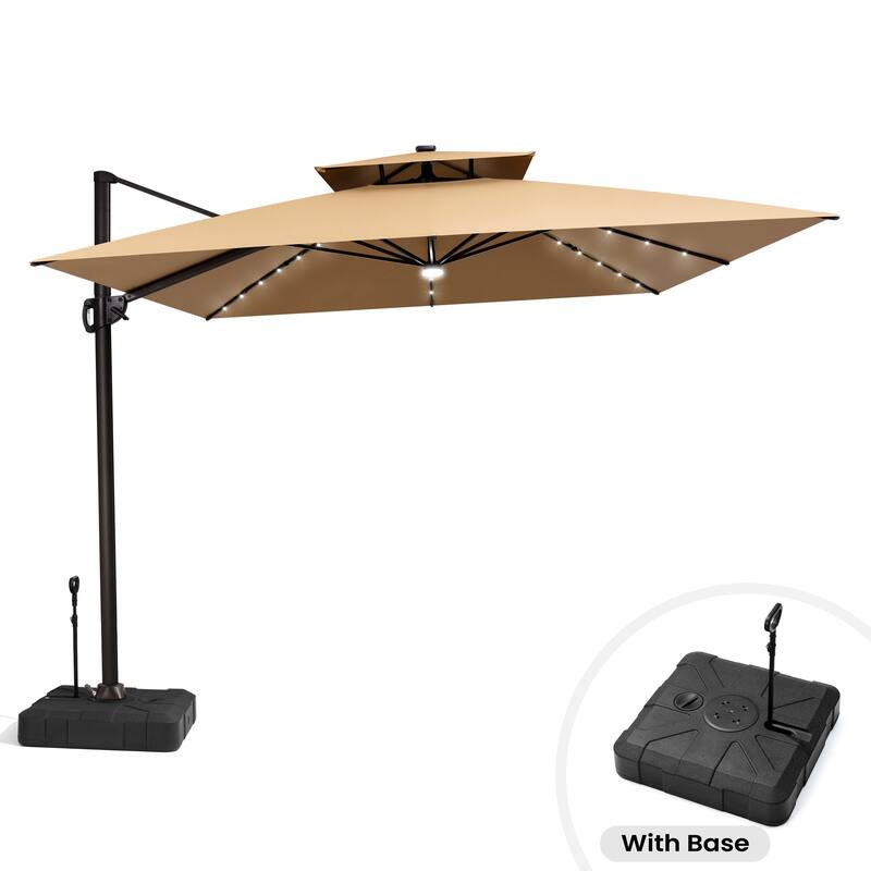 11 ft Outdoor Aluminum Dual Top Solar Powered LED Patio Cantilever Umbrella and Weighted Base with Wheels and Drag Rod - Tan