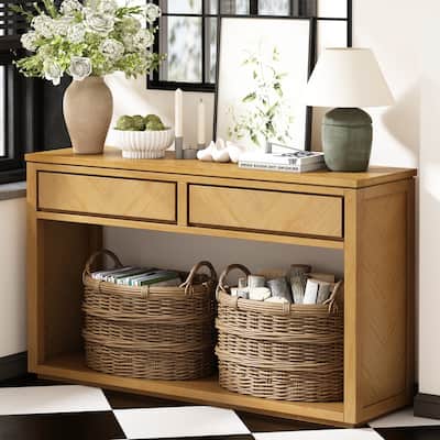 55" Console Table, Rustic Wooden Entryway Table Sofa Table with Storage Drawers and Open Storage Shelf, Hallway Tables Natural