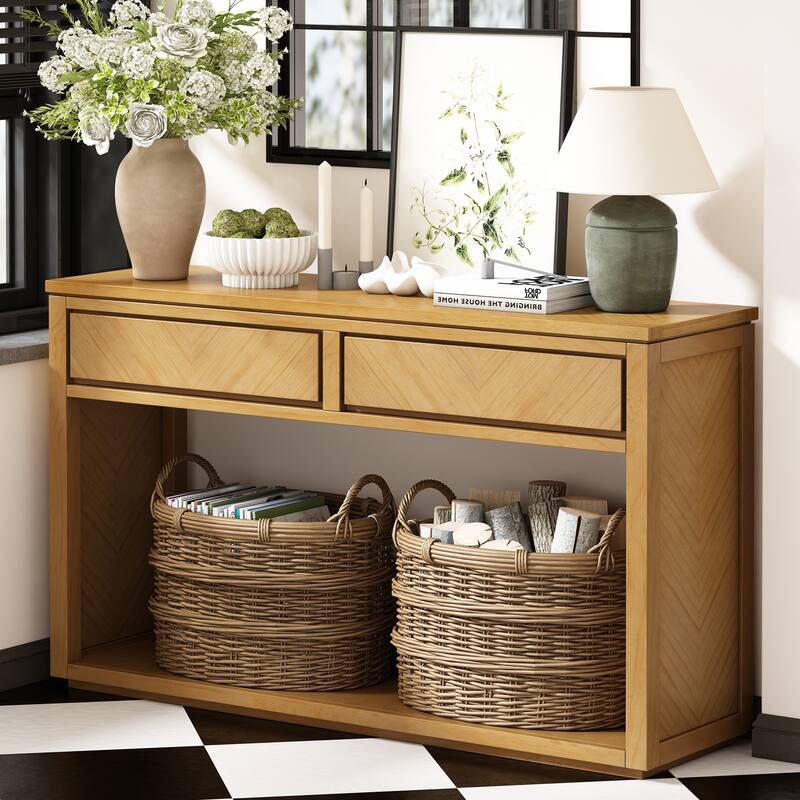 55" Rustic Wooden Entryway Console Table with Storage Drawers & Open Shelf - Natural