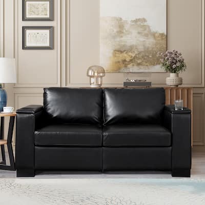PU Leather Loveseat Sofa Deep Seat Couch with Storage and Cup Holders