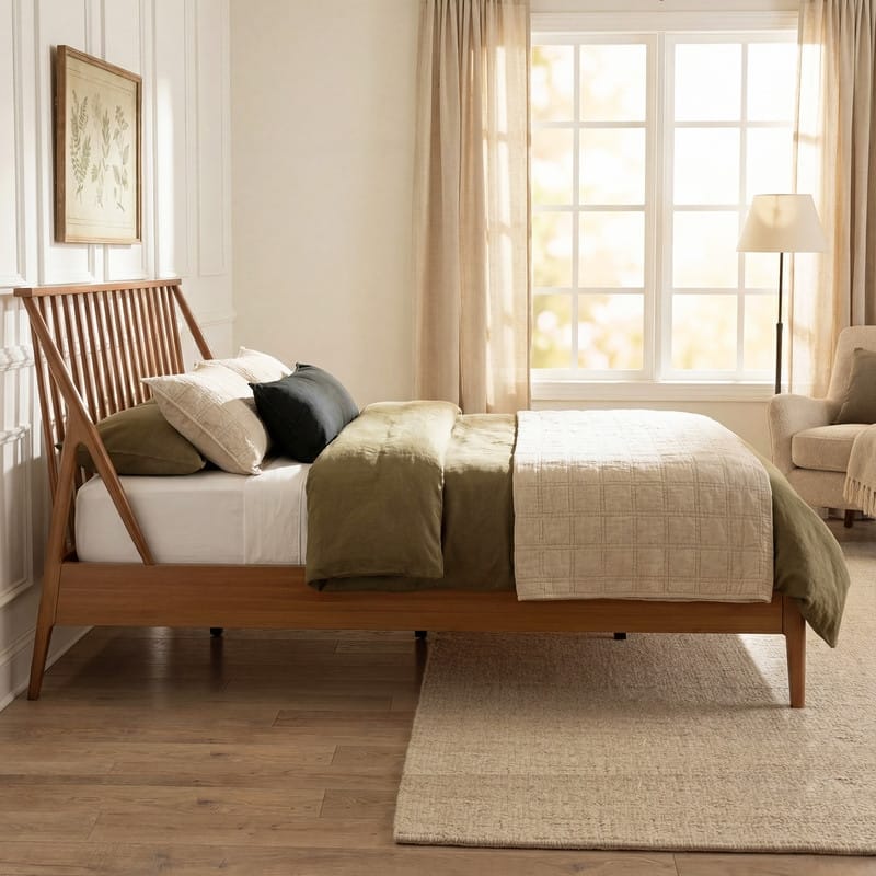 Bohemian Bamboo Spindle Platform Bed Frame with Wooden Slats and Metal Support, No Box Spring Needed, Low Profile Wingback Bed