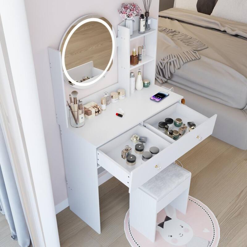 17" Round Touch Switch LED Mirror Vanity with 2 AC+2 USB Power Socket and Adjustable Brightness