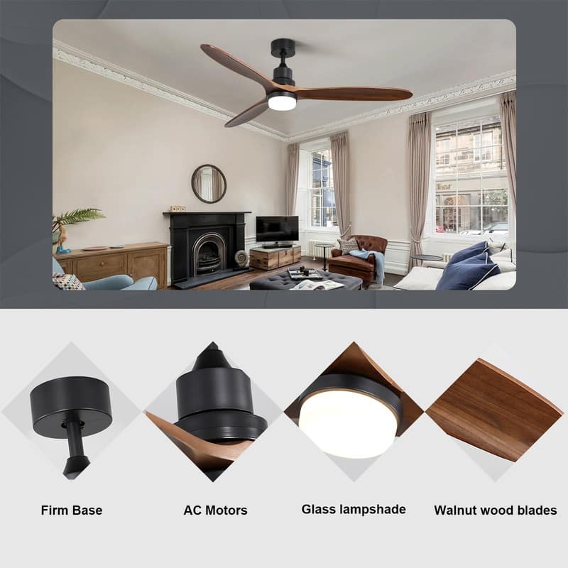 60" Wooden 3-Blade Large Ceiling Fan with Light and Remote Control, Reversible DC Motor - 60 inches