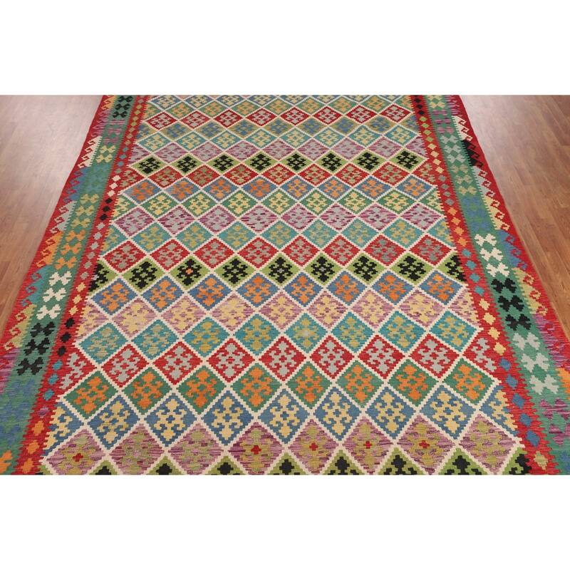 Trellis Multicolor Kilim Oriental Large Area Rug Flatweave Wool Carpet - 9'11"x 16'1"