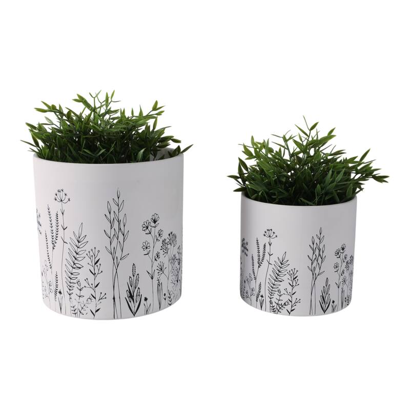 Terracotta Planters Botanical Illustration (Set of 2) - 9", 6" White - 8" x 8" x 8"