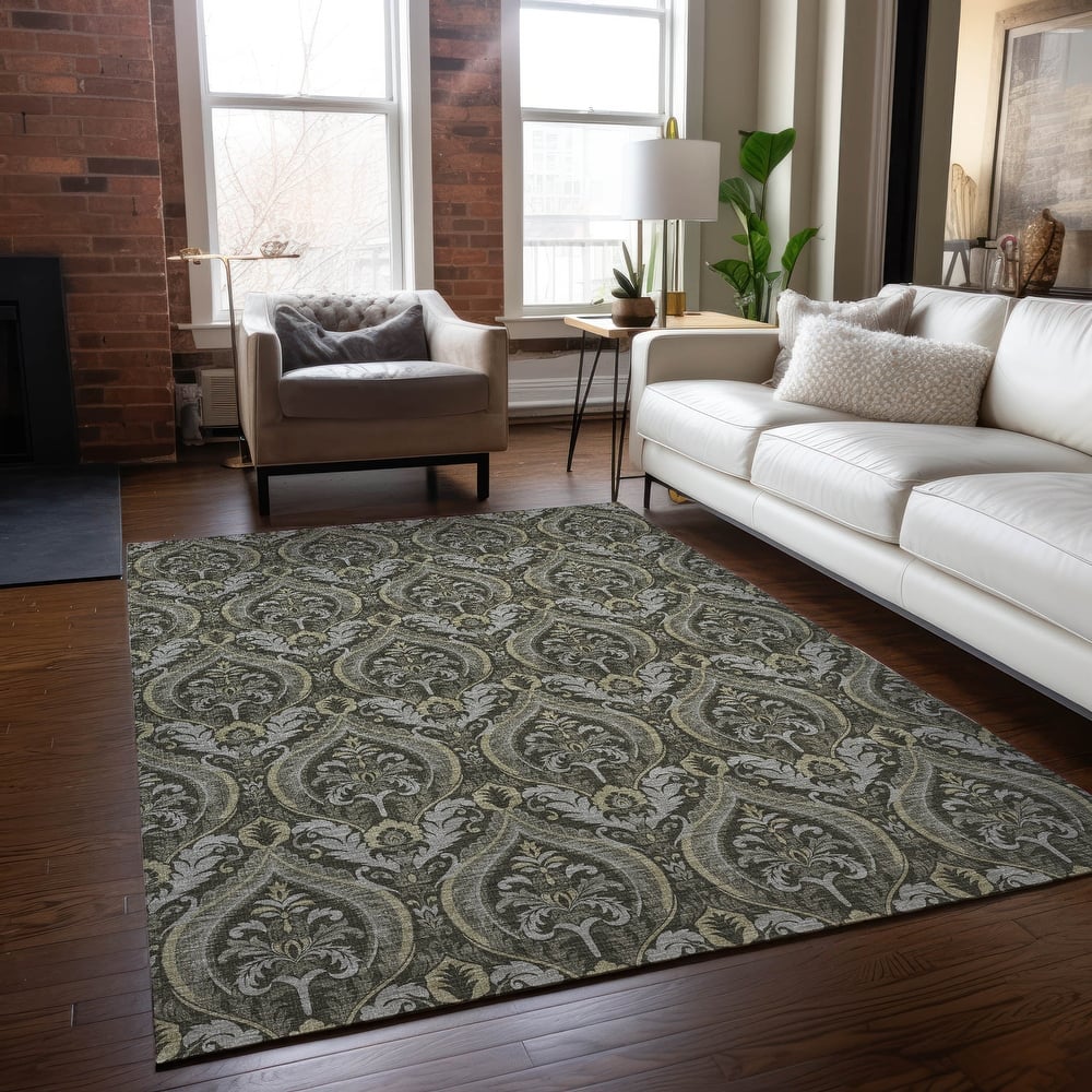 Machine Washable Indoor/ Outdoor Damask Chantille Rug