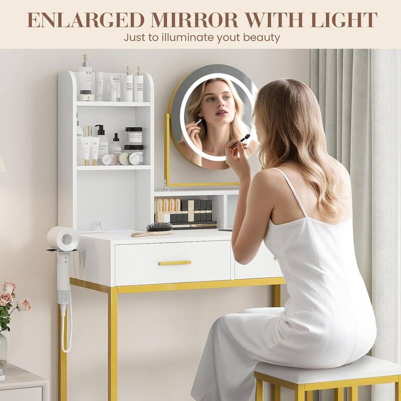 2 Drawer Makeup Vanity Desk Set with Mirror and Light for Bedroom, Dressing Room