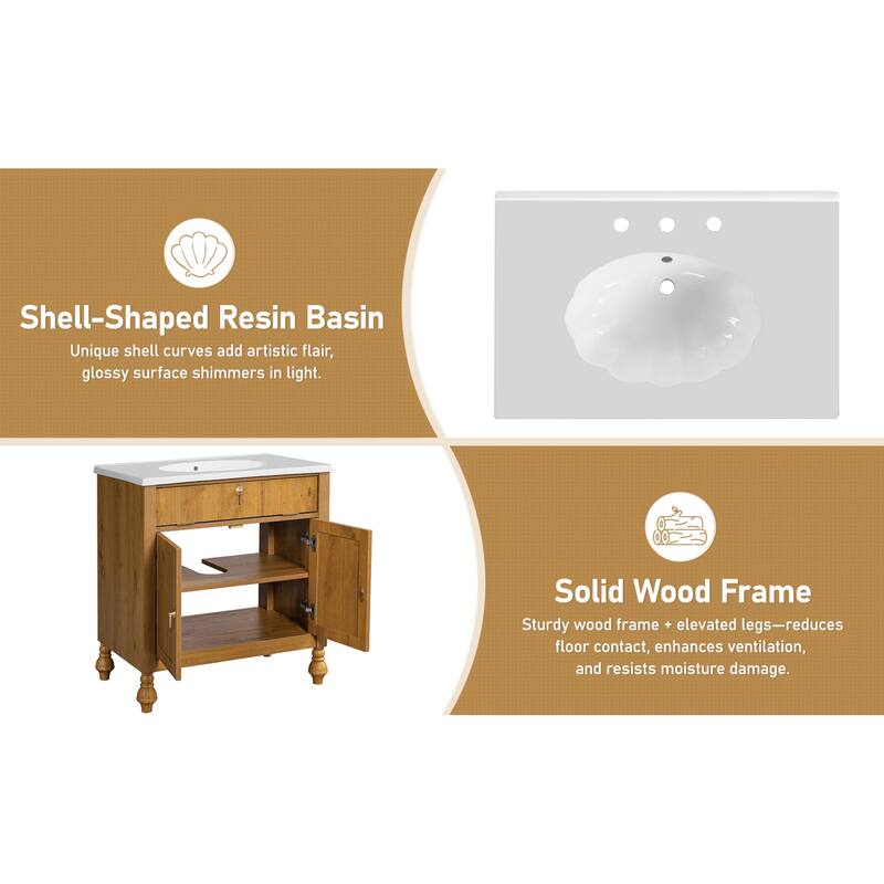 Roomfitters 30" Walnut Bathroom Vanity with Seashell Resin Sink, Flip-Up Storage Organizer and Soft-Close Doors, Brown