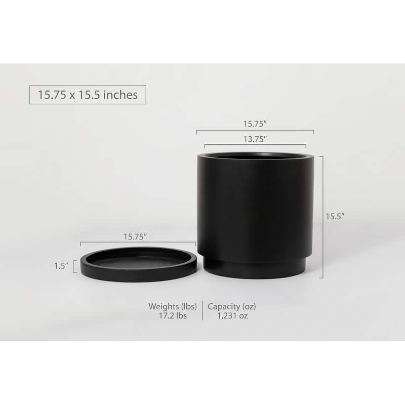 Indoor/Outdoor Large 1-Piece Nordic Minimalist Fiberstone Lightweight Round Planter Pot With Saucer - 15, 11 inch Matte Finish - 16 In. H x 15.75 In. W x 15.75 In. L - Black