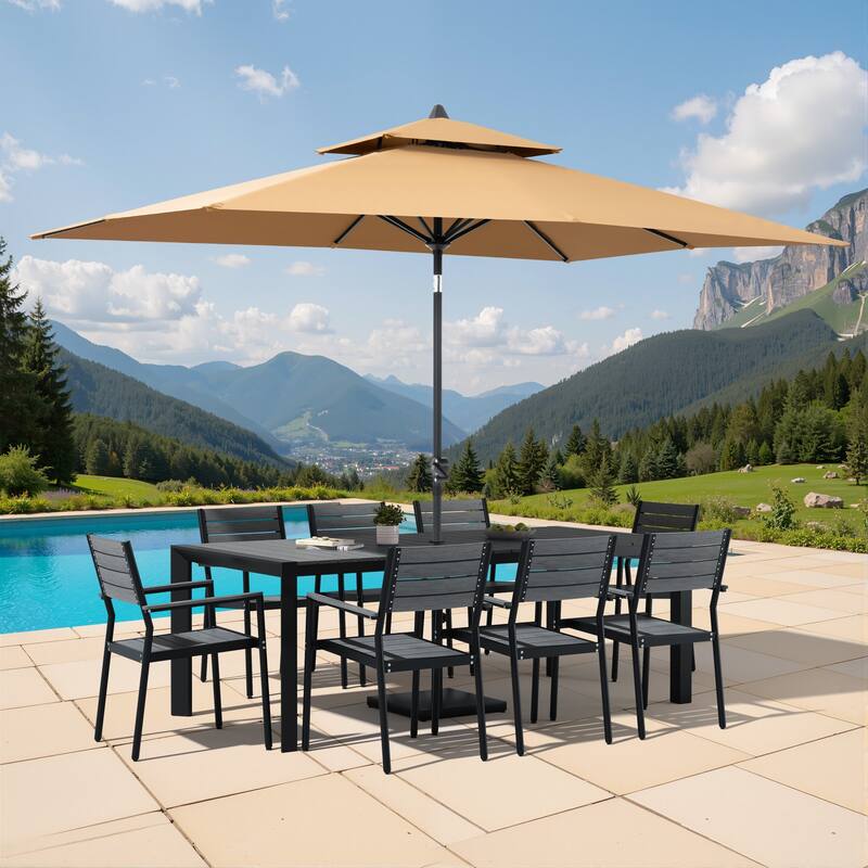 9/11-Piece Outdoor Patio Dining Set Aluminum Dining Table and Stackable Chairs w/10 ft Market Umbrella and Base - Set of 11 - Grey Table with Tan Umbrella