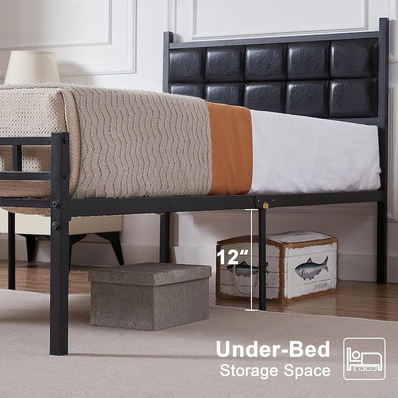 VECELO Faux Leather Tufted Bed, Metal Frame Bed Frame