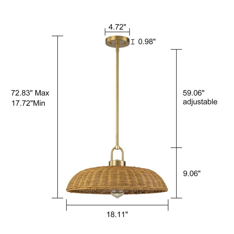 1-Light Modern Farmhouse Dome Straw Hat Hand Woven Chandelier with Natural Rattan Shade - Brass - 18.11" W × 9.06" H