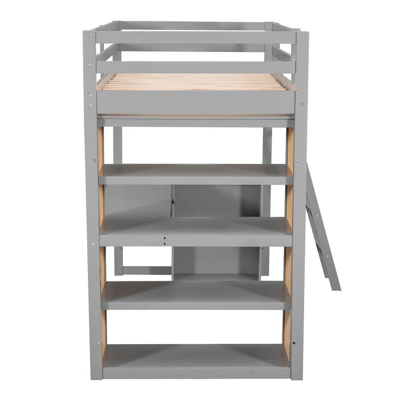 Twin Size Loft Bed with Ladder, Shelves, and Desk