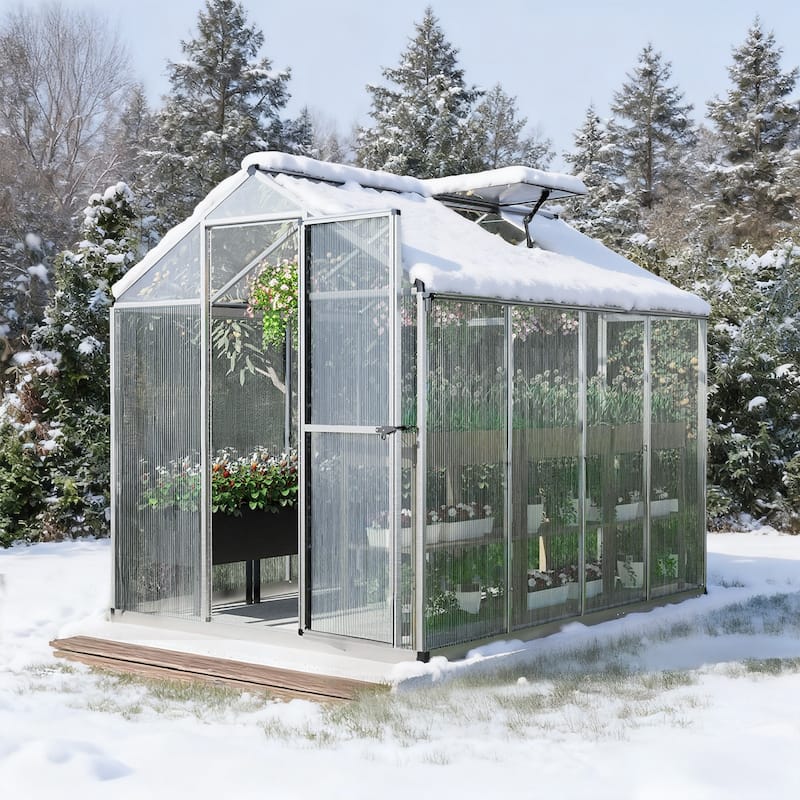 Aoodor Polycarbonate Walk-in Greenhouse with Aluminum Frame and Roof Vent - 6' x 8' - Sliver