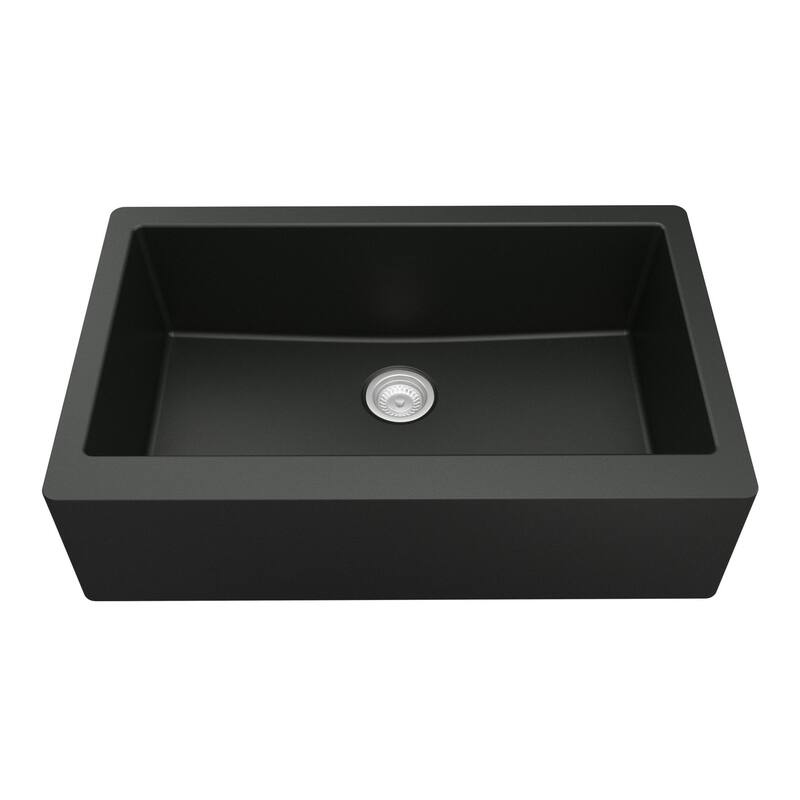 Karran All-in-One Farmhouse/Apron-Front Quartz 34 in. Single Bowl Kitchen Sink in Black with Faucet KKF210 in Stainless Steel
