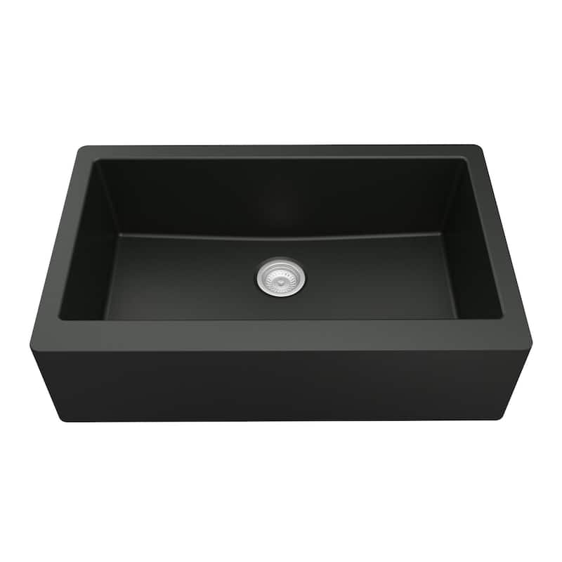 Karran All-in-One Farmhouse/Apron-Front Quartz 34 in. Single Bowl Kitchen Sink in Black with Faucet KKF220 in Stainless Steel