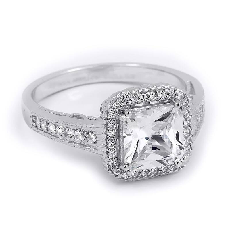 Sterling Silver Princess Cut Cubic Zirconia 2.4 Ct Halo Bridal Ring